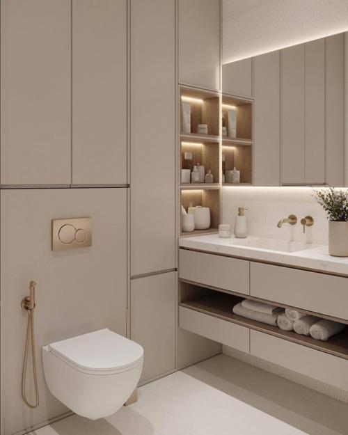 Светлый и стильный интерьер санузла с отдельно стоящей ванной. 05