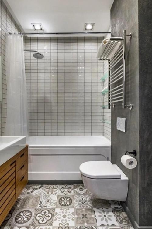 Строгий бело - серый интерьер ванной комнаты. 01