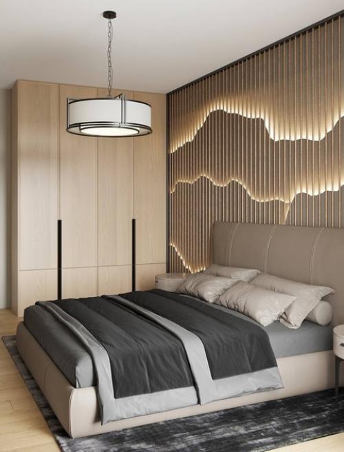 Спальня 14, 7 м 2 выполнена в теплой гамме, что делает ее с особенно согревающей и уютной. 06