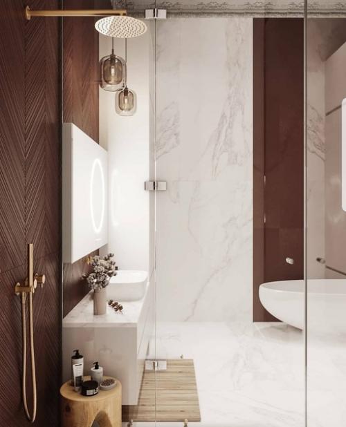 Коричневый и белый цвета в интерьере ванной комнаты. 01
