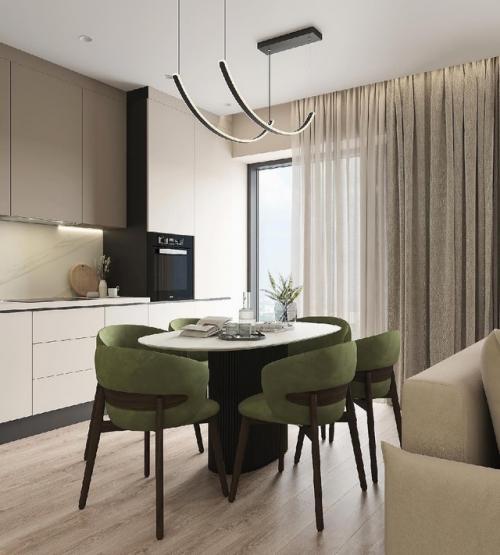 Светлый и стильный интерьер кухни - гостиной. 02