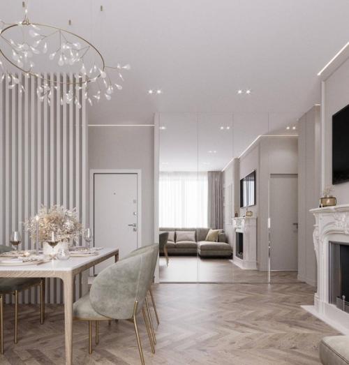 Светлый и стильный интерьер кухни - гостиной в бежевых тонах. 03