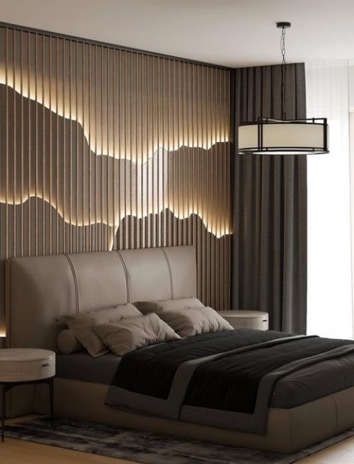 Спальня 14, 7 м 2 выполнена в теплой гамме, что делает ее с особенно согревающей и уютной. 01