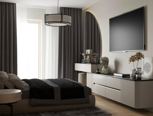 Спальня 14, 7 м 2 выполнена в теплой гамме, что делает ее с особенно согревающей и уютной. 04