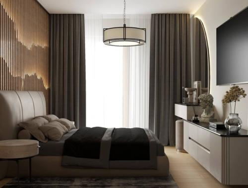 Спальня 14, 7 м 2 выполнена в теплой гамме, что делает ее с особенно согревающей и уютной. 07