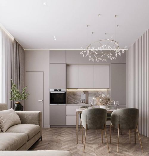 Светлый и стильный интерьер кухни - гостиной в бежевых тонах. 01