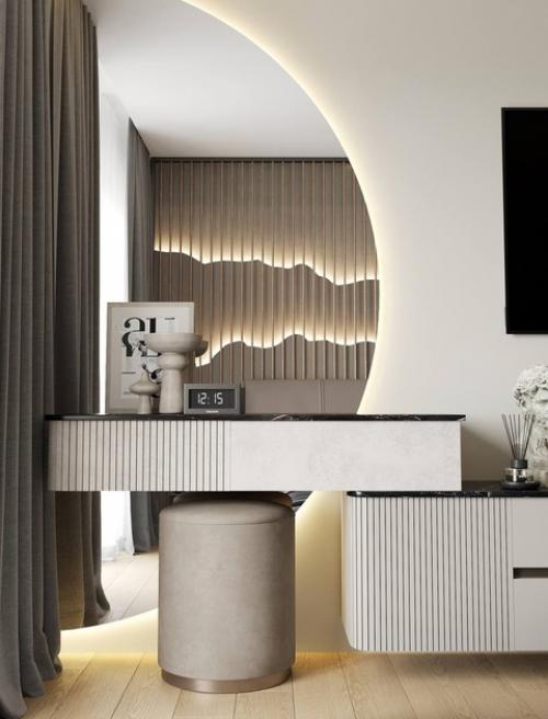 Спальня 14, 7 м 2 выполнена в теплой гамме, что делает ее с особенно согревающей и уютной. 05