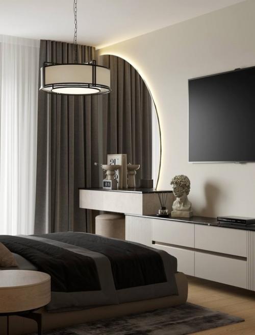 Спальня 14, 7 м 2 выполнена в теплой гамме, что делает ее с особенно согревающей и уютной. 08