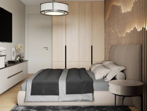 Спальня 14, 7 м 2 выполнена в теплой гамме, что делает ее с особенно согревающей и уютной. 02