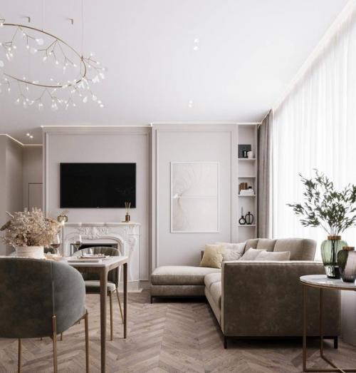 Светлый и стильный интерьер кухни - гостиной в бежевых тонах. 02