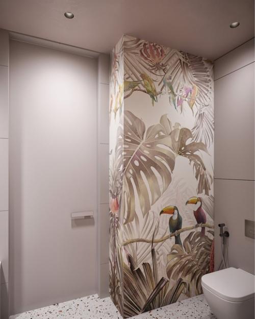 Дизайн детского санузла с тропическим рисунком. 01