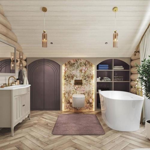 Дизайн ванной комнаты, площадью - 11, 8 м 2, в доме из оцилиндрованного бревна. 01