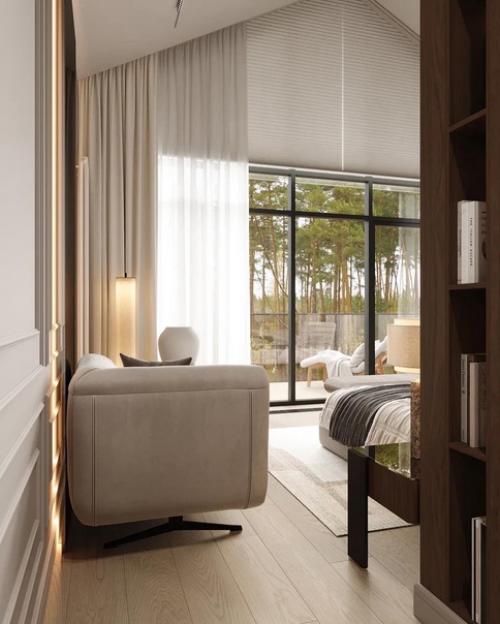 Уютная просторная мастер - спальня с панорамным остеклением и выходом на балкон. 09