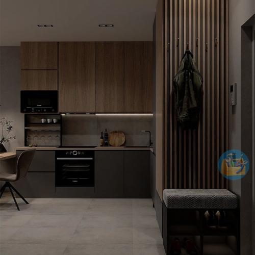 Очень стильная кухня - гостиная, хорошее решение в интерьере. 01