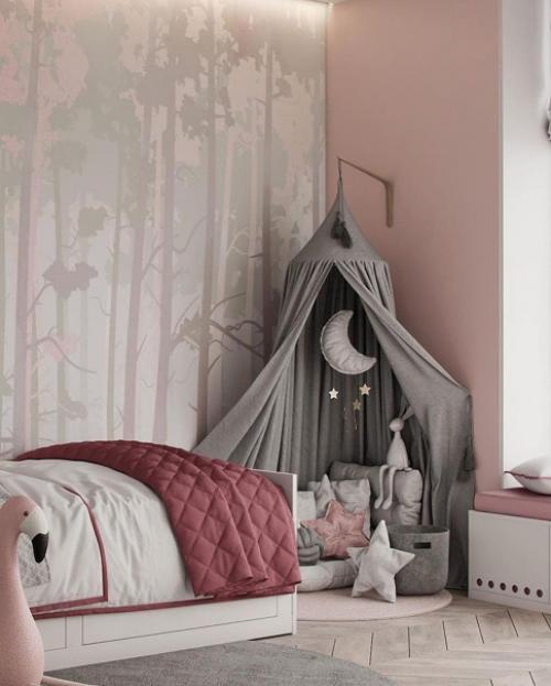 Просторная девичья детская комната с фламинго, площадью 21 кв. 02