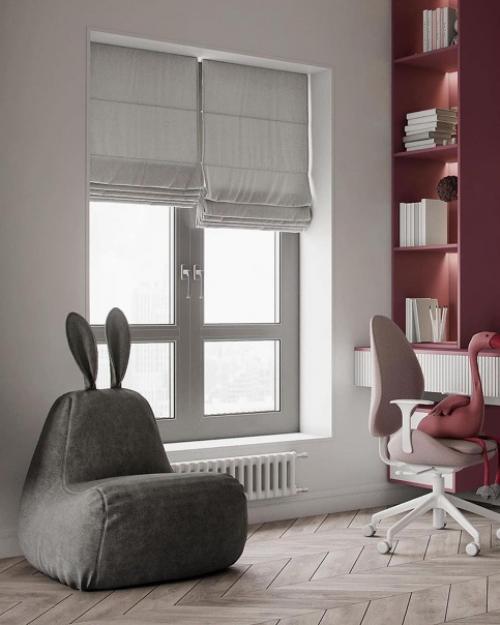 Просторная девичья детская комната с фламинго, площадью 21 кв. 04