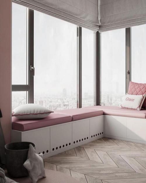 Просторная девичья детская комната с фламинго, площадью 21 кв. 03