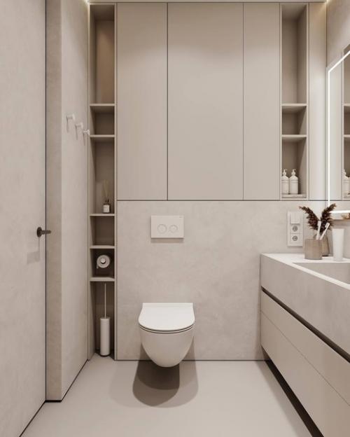 Стильный интерьер санузла в светло-бежевых тонах. 04