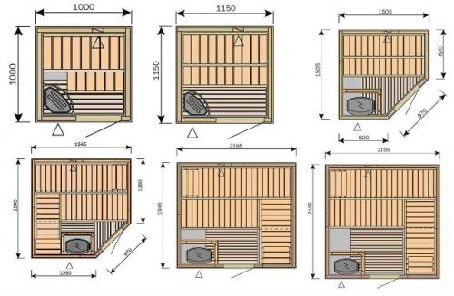 На изображениях собраны схемы, которые показывают различные варианты устройства полков в бане и парной. 03