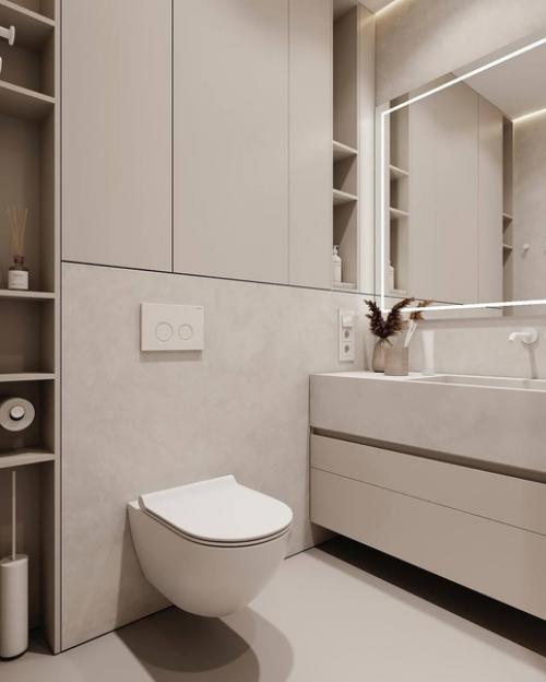 Стильный интерьер санузла в светло-бежевых тонах. 01