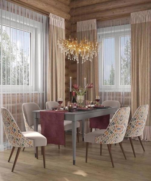 Дизайн кухни - гостиной в загородном доме из оцилиндрованного брёвна. 02