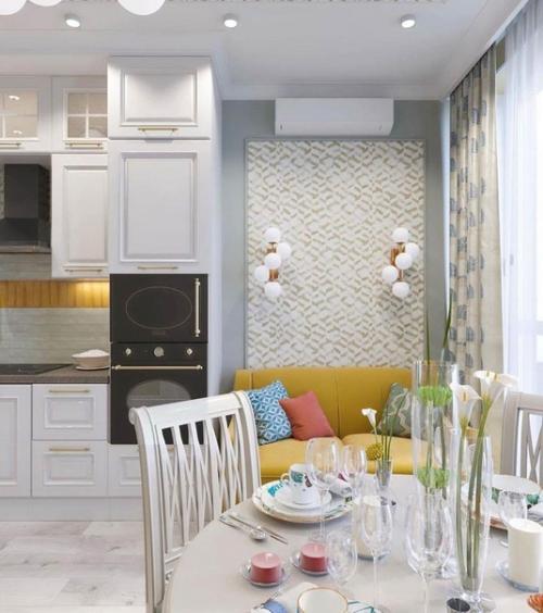 Интерьер кухни - гостиной в нейтральных тонах. 04