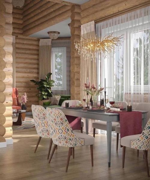 Дизайн кухни - гостиной в загородном доме из оцилиндрованного брёвна. 03