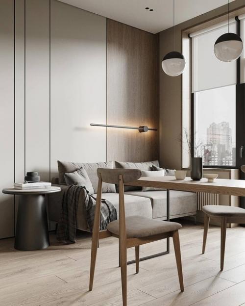 Стильный интерьер однокомнатной квартиры в современном минимализме и элементами эко стиля. 01