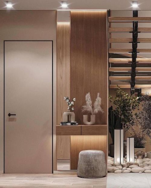 Несколько кадров интерьера двухуровневой квартиры в теплых тонах. 09