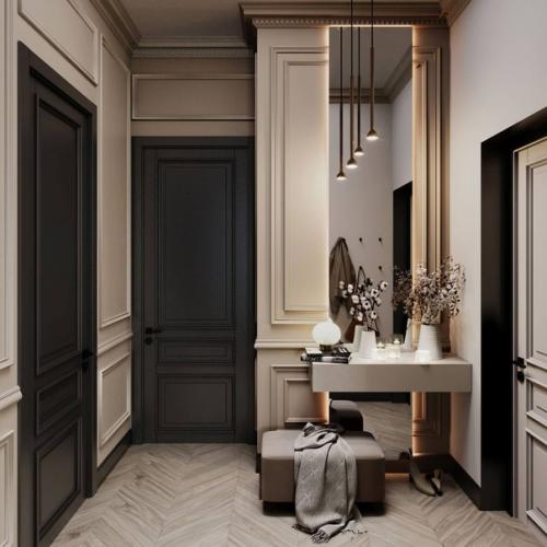 Кухня - гостиная и прихожая в современной классике в бежевых тонах и контрастными деталями. 04