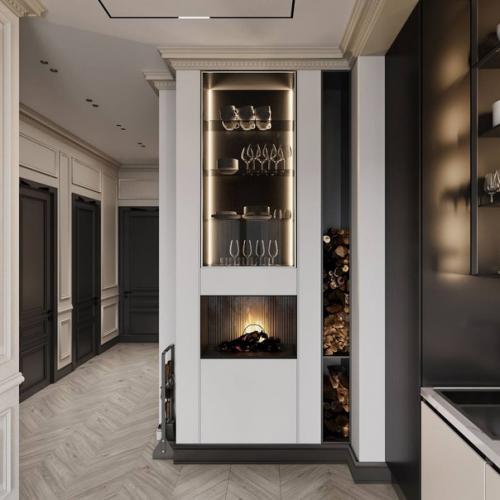 Кухня - гостиная и прихожая в современной классике в бежевых тонах и контрастными деталями. 03