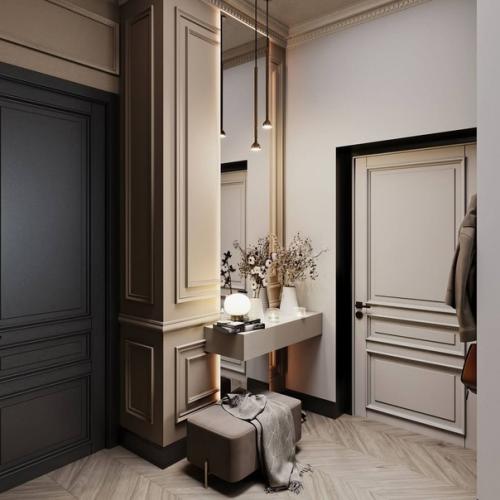 Кухня - гостиная и прихожая в современной классике в бежевых тонах и контрастными деталями. 02