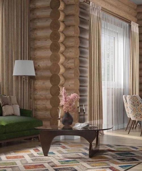 Дизайн кухни - гостиной в загородном доме из оцилиндрованного брёвна. 06