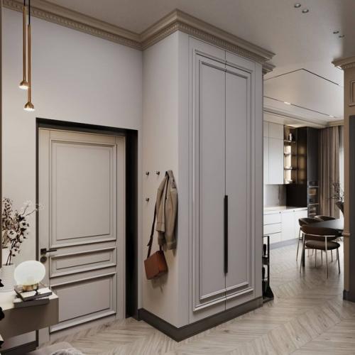 Кухня - гостиная и прихожая в современной классике в бежевых тонах и контрастными деталями. 05