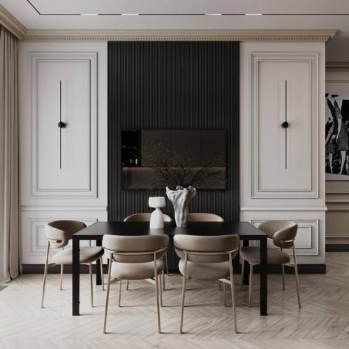 Кухня - гостиная и прихожая в современной классике в бежевых тонах и контрастными деталями. 01