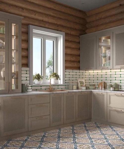 Дизайн кухни - гостиной в загородном доме из оцилиндрованного брёвна. 01