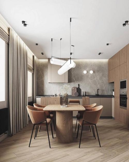 Интерьер кухни - гостиной с применением сочетания серого цвета и дерева. 02