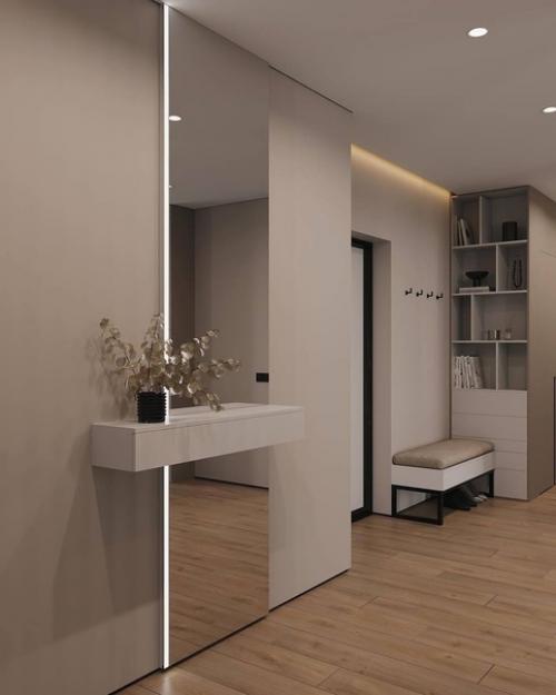 Интерьер кухни - гостиной в современном стиле в бежевых тонах. 08