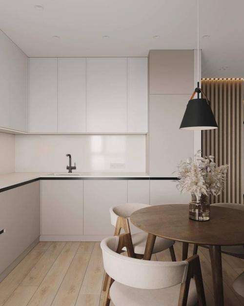 Интерьер кухни - гостиной в современном стиле в бежевых тонах. 02