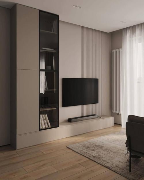 Интерьер кухни - гостиной в современном стиле в бежевых тонах. 04