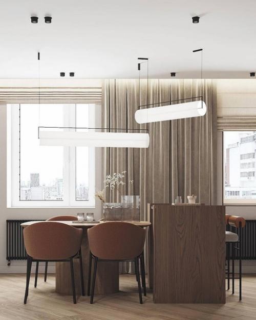 Интерьер кухни - гостиной с применением сочетания серого цвета и дерева. 04