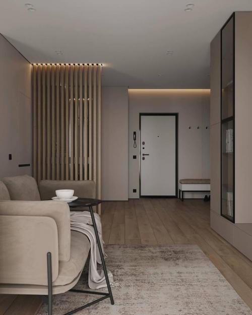 Интерьер кухни - гостиной в современном стиле в бежевых тонах. 09