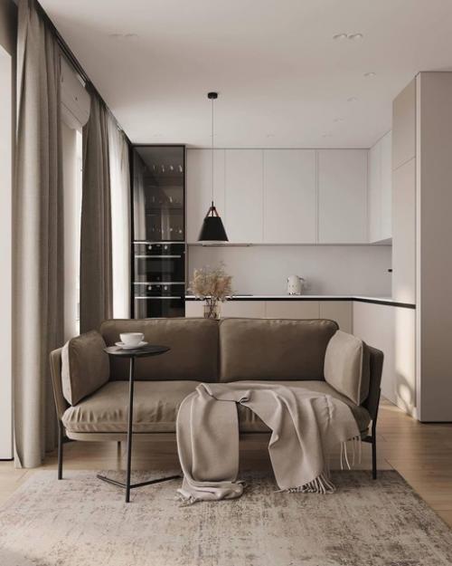 Интерьер кухни - гостиной в современном стиле в бежевых тонах. 06