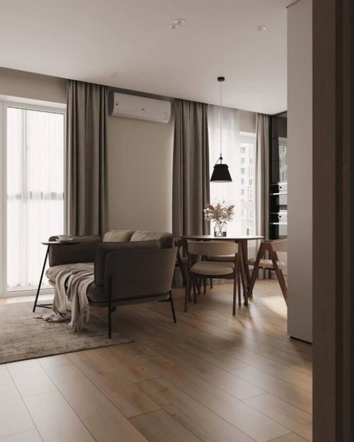 Интерьер кухни - гостиной в современном стиле в бежевых тонах. 03