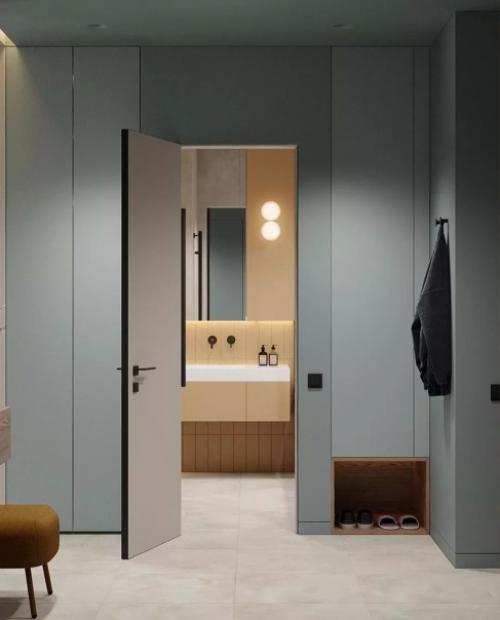 Современный и стильный дизайн - проект квартиры с яркими акцентами и практичным зонированием спального места. 07