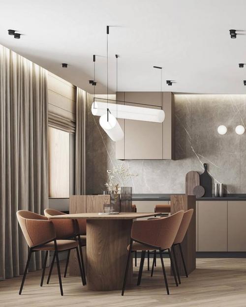 Интерьер кухни - гостиной с применением сочетания серого цвета и дерева. 06