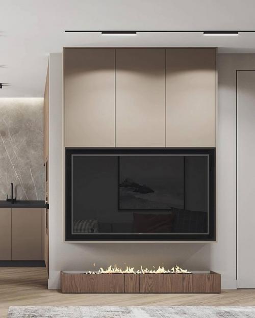 Интерьер кухни - гостиной с применением сочетания серого цвета и дерева. 05