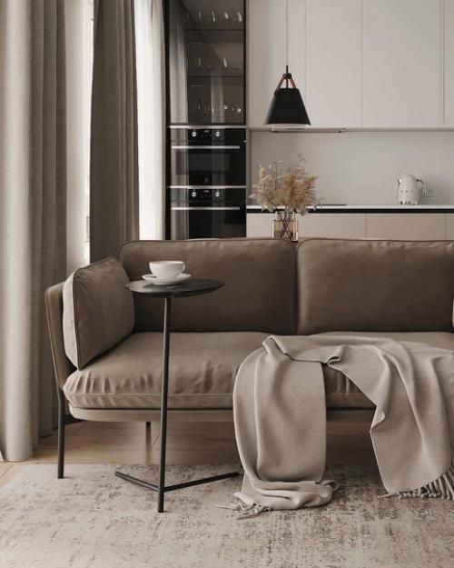 Интерьер кухни - гостиной в современном стиле в бежевых тонах. 01