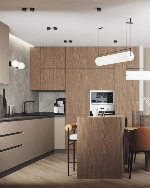Интерьер кухни - гостиной с применением сочетания серого цвета и дерева. 03