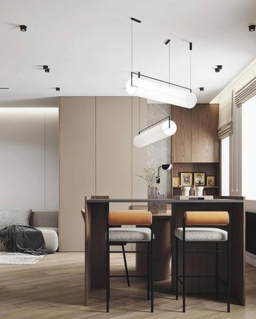 Интерьер кухни - гостиной с применением сочетания серого цвета и дерева. 01